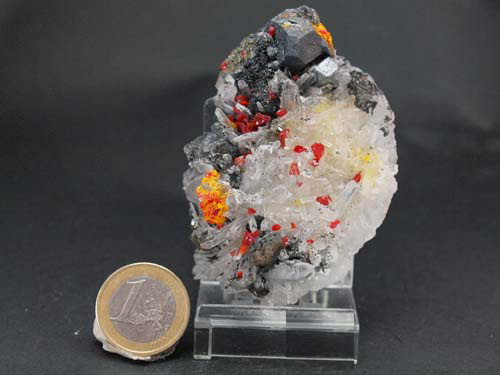 Quartz crystals with realgar crystals, galena crystals (galena crystals size 1cm) on it and sphalerite crystals.<br>Size 5cm x 7cm x 3cm