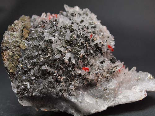 Quartz crystals with realgar crystals on it and sphalerite crystals.<br>Size 8cm x 8,5cm x 5cm